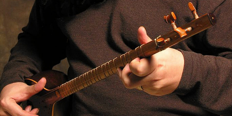 Persian setar four-string lute with small wooden bowl and long fretted neck