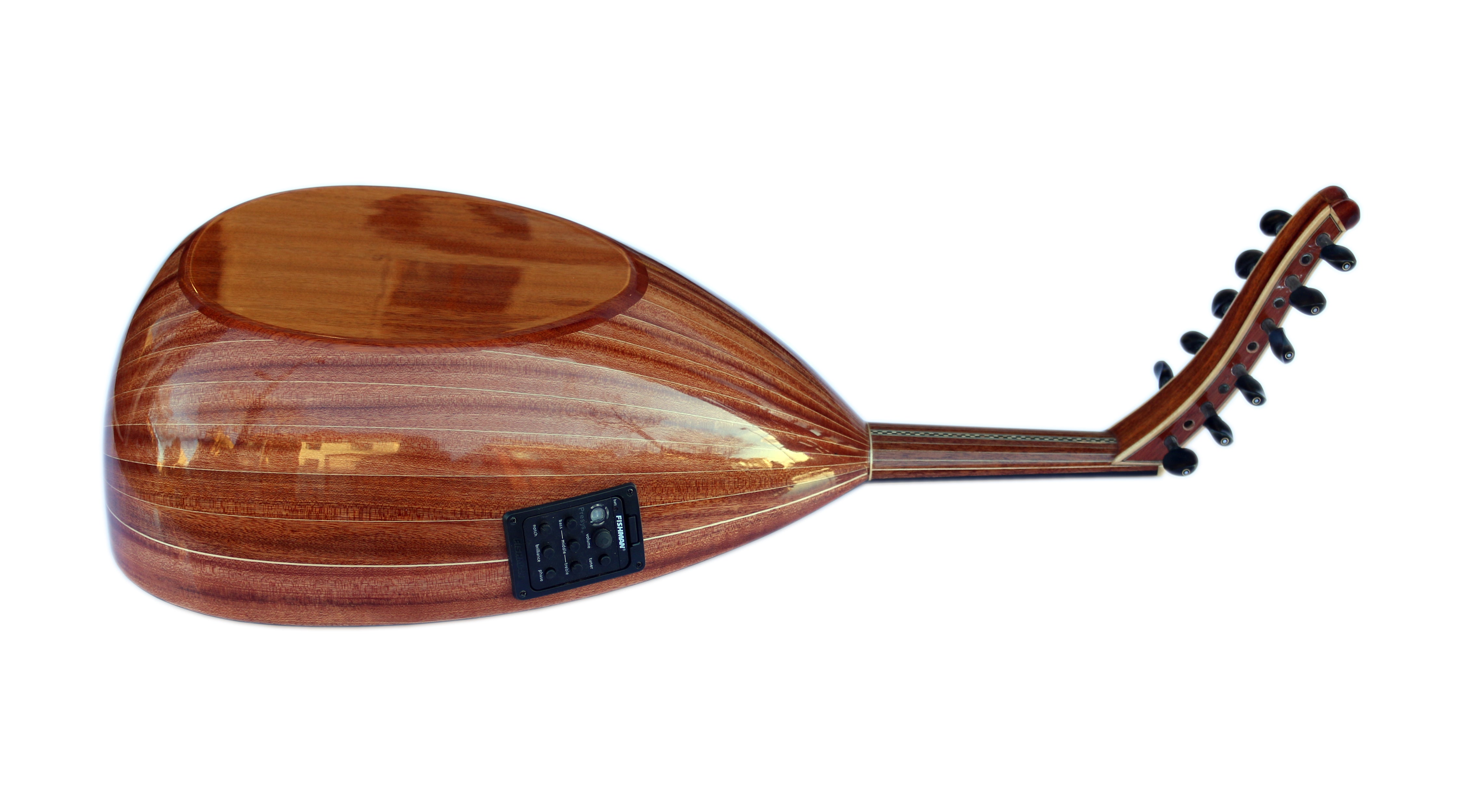 E-Oud HSO-302E aus Walnuss und Fichte mit flachem Rücken für stehende Spielweise